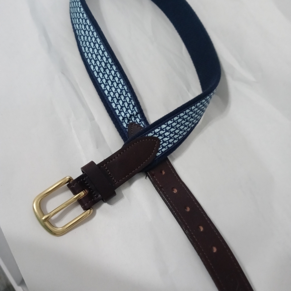 Vineyard Vines Navy Blue Canvas Classic Whale Print Belt Brass Buckle 30 - Picture 5 of 6